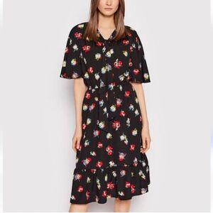 NWT Lauren Ralph Lauren Black Red Floral Tie-Neck Dress Size 8